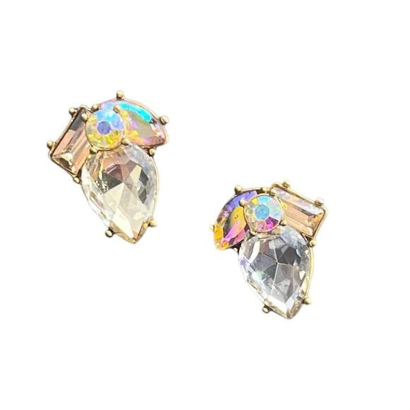 J. Crew Four Clear Champagne AB Rhinestone Stud Gold Tone Sparkling Earrings - Picture 3 of 11